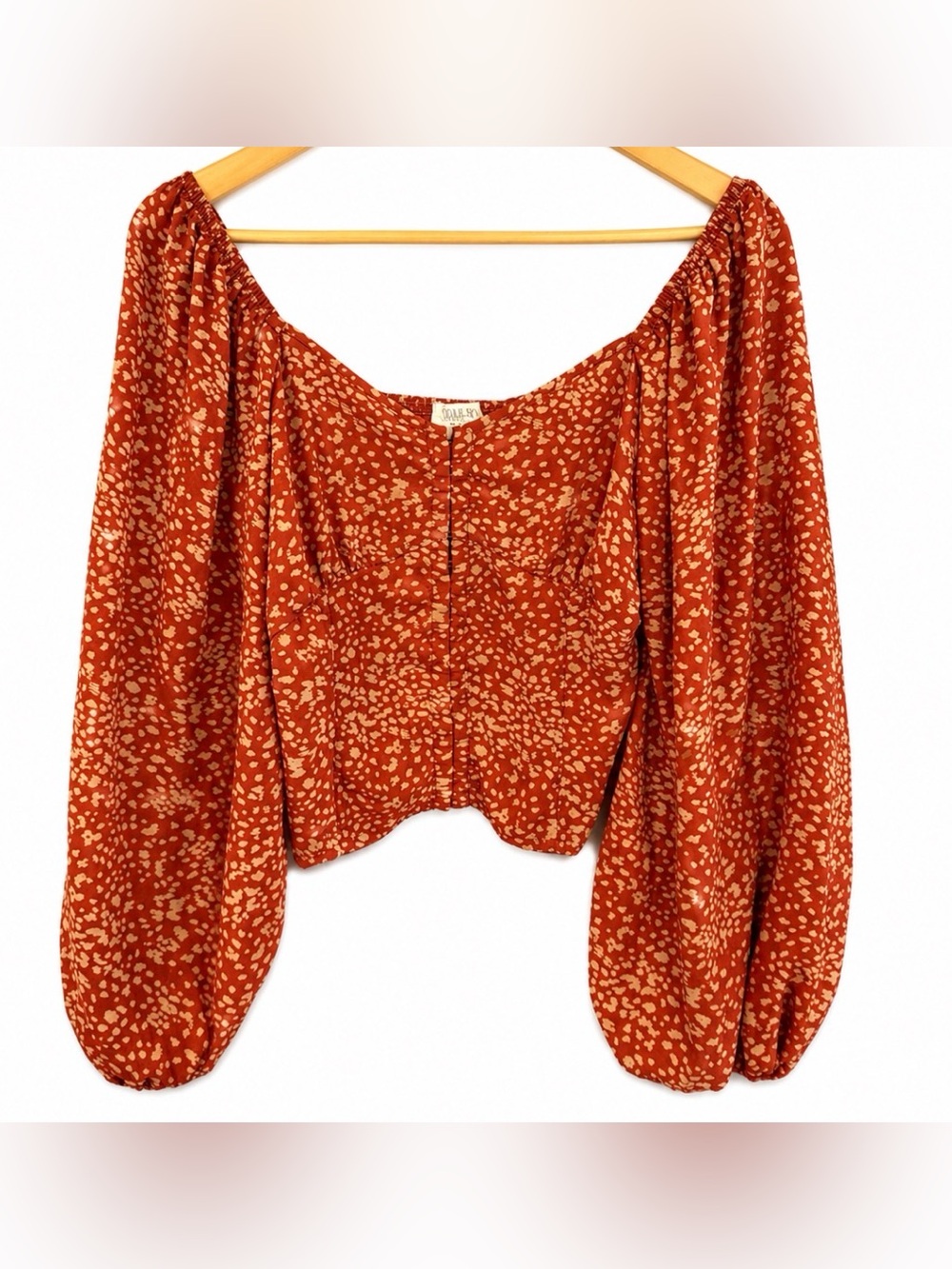 Sienna Sky Boho Long Sleeve Peasant Top Rust Beige Ruched Back Womens Size Large
